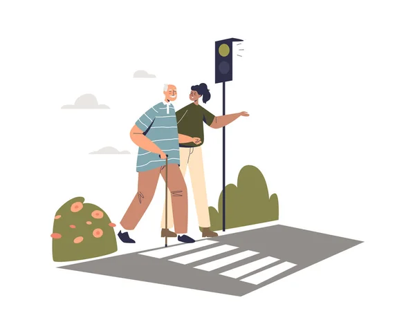 Jonge vrouw vrijwilliger helpen oudere man oversteken straat op zebrapad. Meisje wandelen met oude man — Stockvector