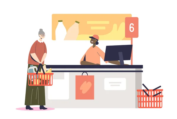 Mujer mayor en el escritorio del cajero del supermercado pagando y comprando alimentos de comestibles en la tienda minorista — Vector de stock