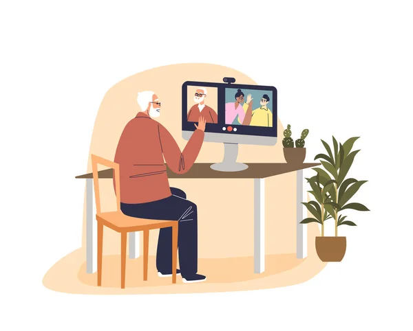 Avô sênior conversando com a família de crianças em conexão on-line chamada de vídeo usando o computador — Vetor de Stock