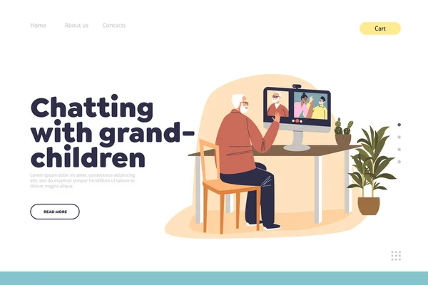 Video chatten met kleinkinderen concept van landing page met senior grootvader praten met kinderen — Stockvector