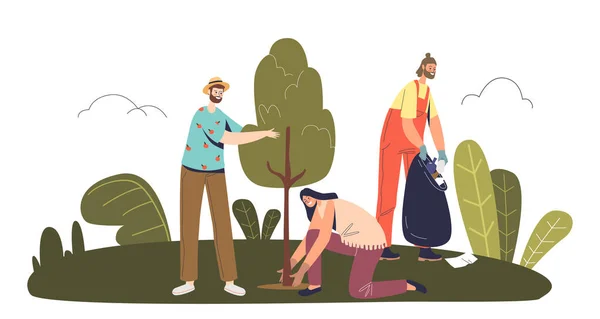 Des bénévoles travaillent dans le parc ou la forêt pour ramasser les déchets et les déchets et planter des arbres — Image vectorielle