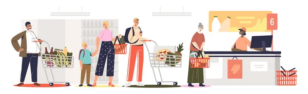 Resepsiyonda süpermarkette kuyruğa gir. Marketteki insanlar kasiyerde yiyecek almak için bekliyorlar. — Stok Vektör