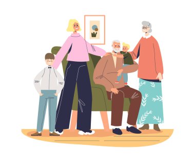 Torunları olan mutlu büyükanneler ve büyükbabalar. Yaşlı çiftlerin neşeli aileleri çocuklarla vakit geçirir.