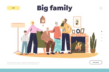 Büyük aile, çocuklarla, ebeveynlerle ve dedelerle birlikte şöminenin önünde toplanıyor.