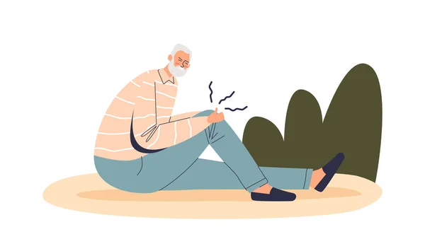 Starší muž trpí bolestí v koleni. Starý muž kreslený postava spadnout zraněný nemocný s bolestí — Stockový vektor