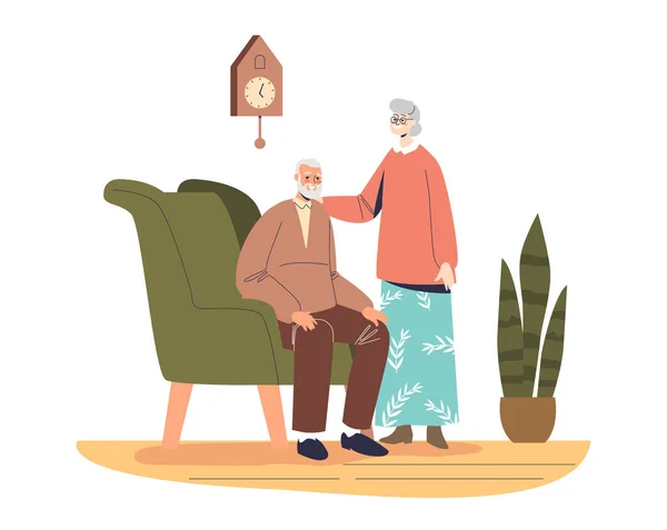 Ancianos hombre y mujer feliz pareja de ancianos casados en casa. Ancianos abuelos reunión familiar — Archivo Imágenes Vectoriales