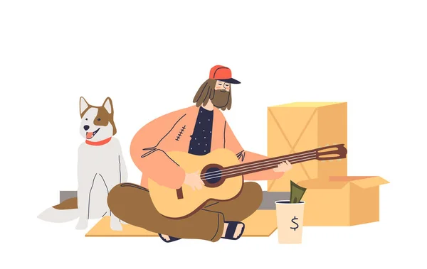 SDF clochard mendiant gars chantant jouer de la guitare mendier de l'argent pour la nourriture pour sans emploi homme et chien — Image vectorielle