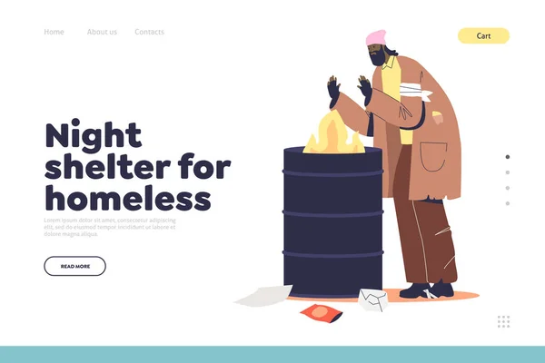 Night shelter for homeless concept of landing page with unemployed beggar warming at fire — Stock Vector