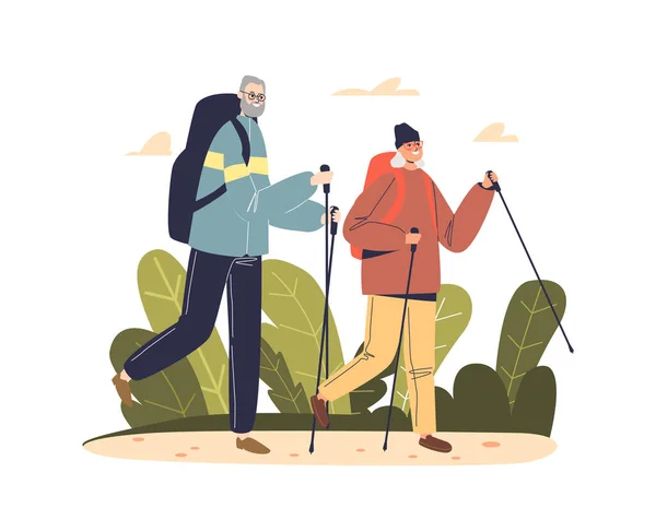 Ein älteres Ehepaar ist mit Rucksack unterwegs. Aktive Freizeit für ältere Menschen — Stockvektor