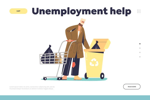 Unemployment help concept of landing page with poor homeless jobless man looking for food in trash — Stock Vector