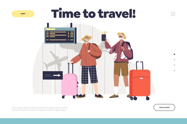 Tempo para viajar conceito de landing page com casal sênior com malas de bagagem no aeroporto —  Vetores de Stock