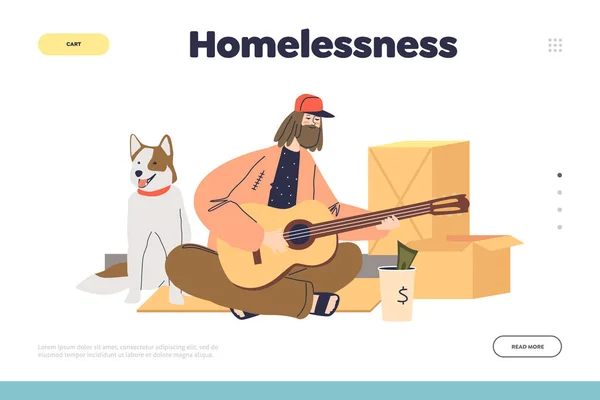 Homelessness concept of landing page with homeless tramp beggar guy playing guitar begging money — Stock Vector