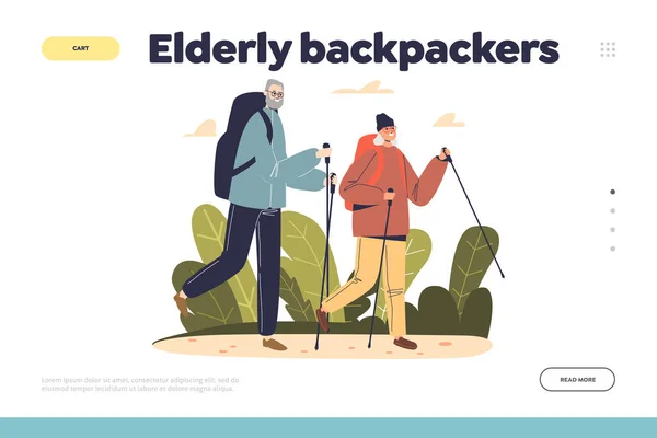 Elderly backpackers concept of landing page with senior couple of hikers travel with backpack — Stock Vector