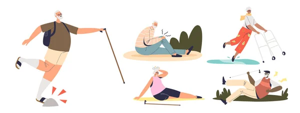 Uppsättning äldre människor skadade promenad falla ner, lider av smärta i ryggen, knän och yrsel trötthet — Stock vektor