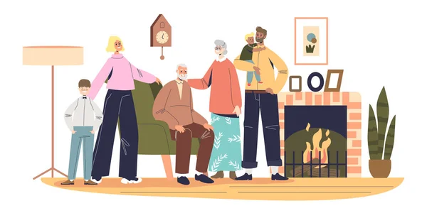 Grande reunião familiar juntos: crianças, pais e avós feliz em pé na lareira —  Vetores de Stock