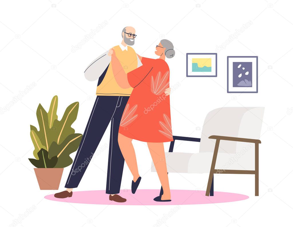 Cute senior couple dancing tango. Elder man and woman dance on retirement. Active leisure