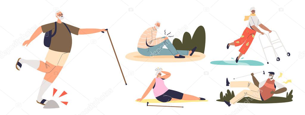 Set of senior people injured walk fall down, suffer from pain in back, knees and dizziness fatigue