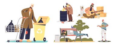 Evsiz dilencilerin para için yalvarması, çöpte yiyecek araması, dışarıda uyuması.