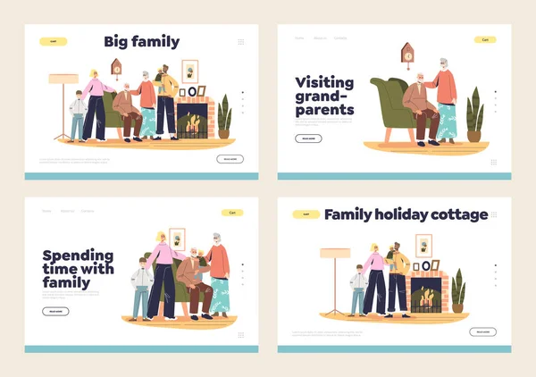 Family gathering landing pages set with parents, grandparents and kids generation together — Stock Vector