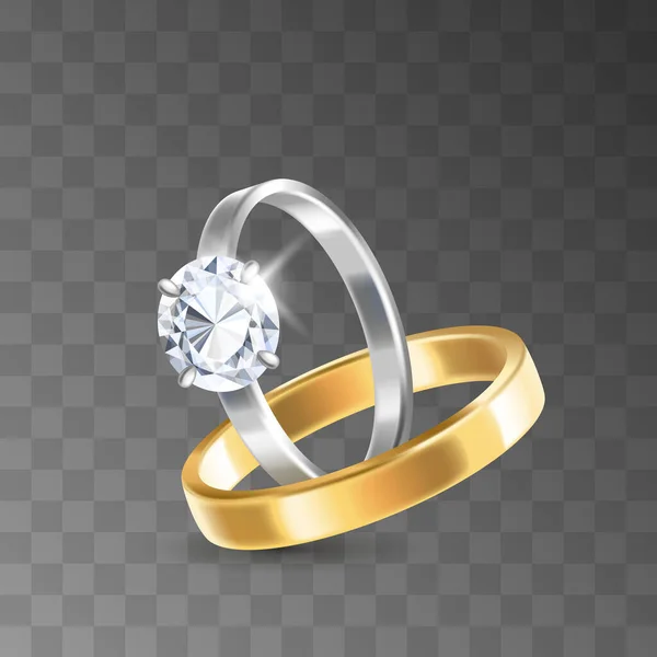 Anéis de casamento dourados e prateados decorados com pedras preciosas diamantes para cerimônia de casamento — Vetor de Stock