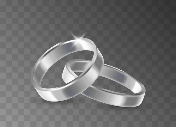 Realista 3d anel de casamento de prata par. Conjunto brilhante de anéis metálicos banhados a casamento —  Vetores de Stock