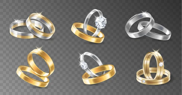 Realista 3d brillante conjunto de compromiso de plata de la boda y anillos metálicos chapados en oro — Vector de stock