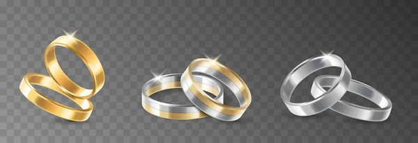 Conjunto de anillo de bodas de oro, platino y plata, ceremonia de matrimonio y joyería de aniversario — Archivo Imágenes Vectoriales