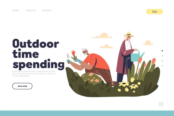 Conceito de passar o tempo ao ar livre de landing page com trabalho de casal sênior em jardinagem de jardim —  Vetores de Stock