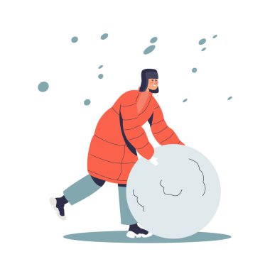 Sıcak kış kıyafetleri içindeki çocuk dışarıda kar altında kardan adam için büyük kartopu yapıyor.