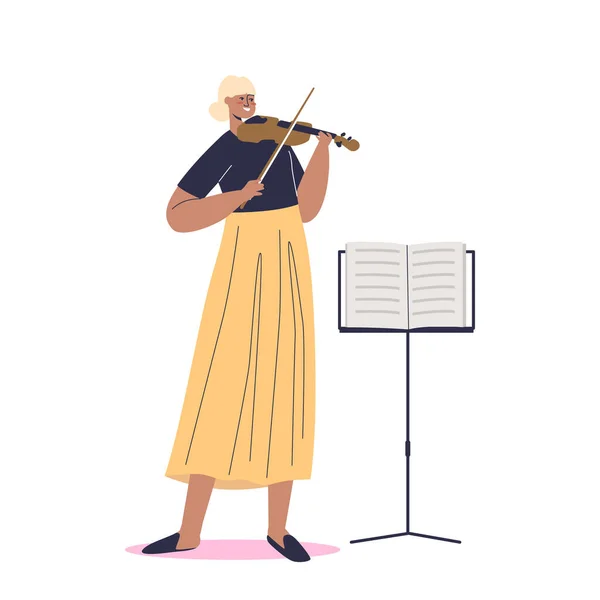 Jeune femme jouant du violon. Artiste féminine créer stand de musique à notes. Concept d'occupation créative — Image vectorielle