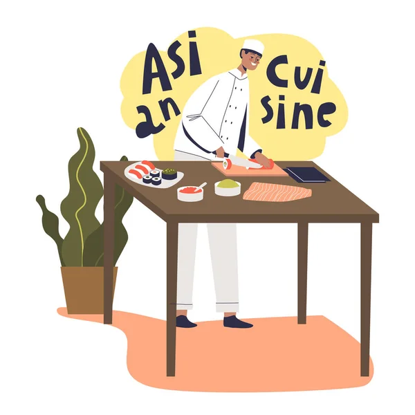 男性シェフが寿司を作る日本料理。アジア料理の準備 — ストックベクタ