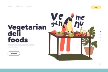 Vejetaryen şarküteri gıda konsepti. Restoran için vejetaryen menüsü hazırlayan aşçıyla iniş sayfası.