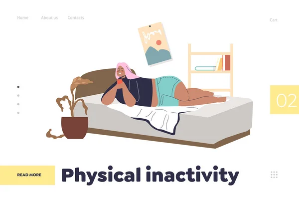 Concepto de inactividad física de landing page con chica con sobrepeso acostada en la cama con smartphone — Vector de stock