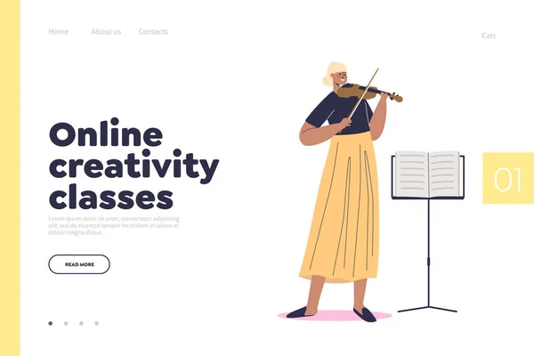 若い女性とランディングページのオンライン創造的なクラスの概念は、バイオリンを再生することを学ぶ — ストックベクタ