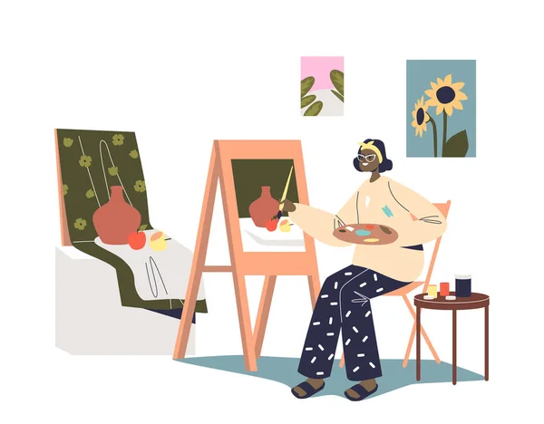 Artista mulher desenho ainda imagem de vida no estúdio oficina. Pintora feminina criando trabalhos de pintura — Vetor de Stock