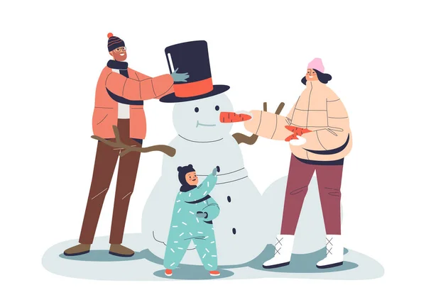 Parents and small infant kid make snowman outdoors. Happy family having fun together in winter season — Stock Vector