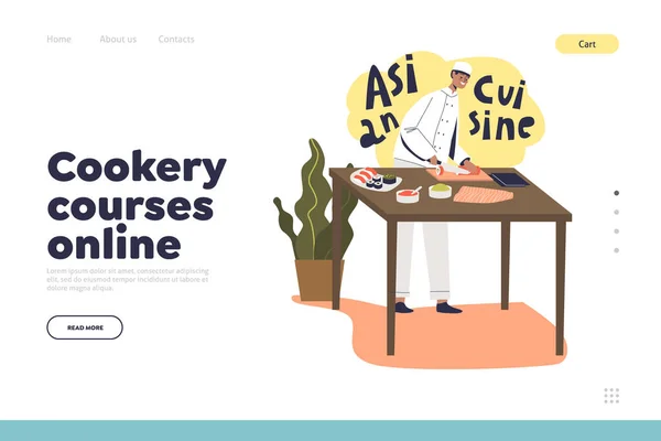 Koken cursussen online concept van landing page met mannelijke chef-kok koken maken sushi — Stockvector