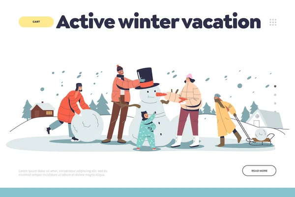 Attivo concetto di vacanza invernale di landing page con la famiglia felice all'aperto facendo pupazzo di neve insieme — Vettoriale Stock