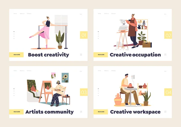Művészek kreatív foglalkozás fogalmát készlet kezdőoldalak művészekkel alkotó művészet — Stock Vector