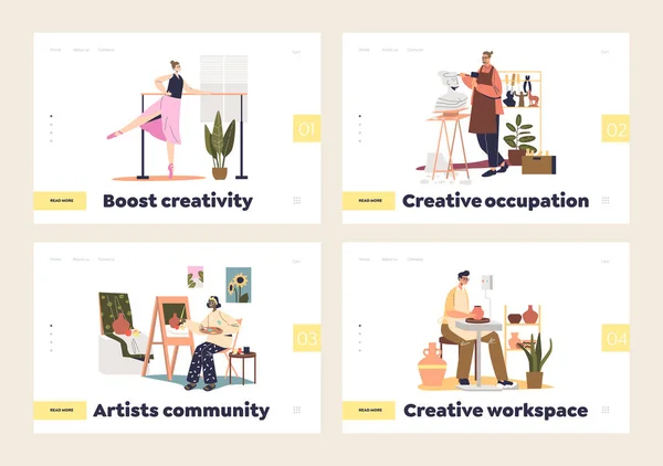 Artistas conceito de ocupação criativa do conjunto de landing pages com pessoas artísticas criando arte — Vetor de Stock