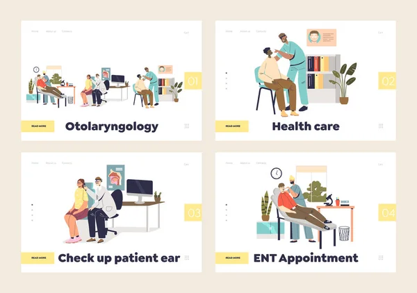 Otolaryngology medicin uppsättning landningssidor med läkare otolaryngologist undersöka patienter — Stock vektor