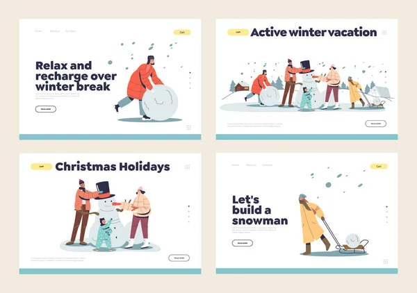 Hacer el concepto de muñeco de nieve de conjunto de landing pages con la familia, los padres y los niños al aire libre divertirse — Archivo Imágenes Vectoriales