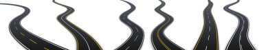 Realistic road set, winding highway isolated on white background. Asphalt pathway clipart