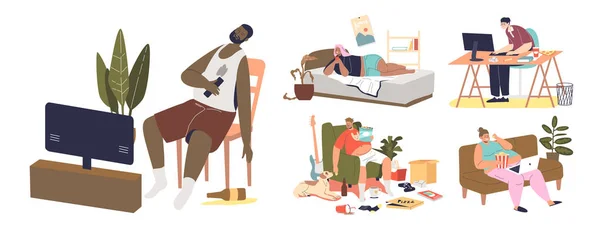 Люди з сидячим способом життя і поганими звичками сплять по телевізору, їдять фастфуд, залежні від соціальних медіа — стоковий вектор