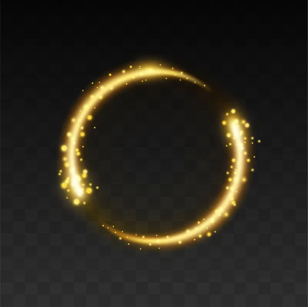 Goldener Lichtkreis mit Funkeln und magisch glühendem 3D-Effekt. Realistischer goldglänzender Ring oder Strudel — Stockvektor