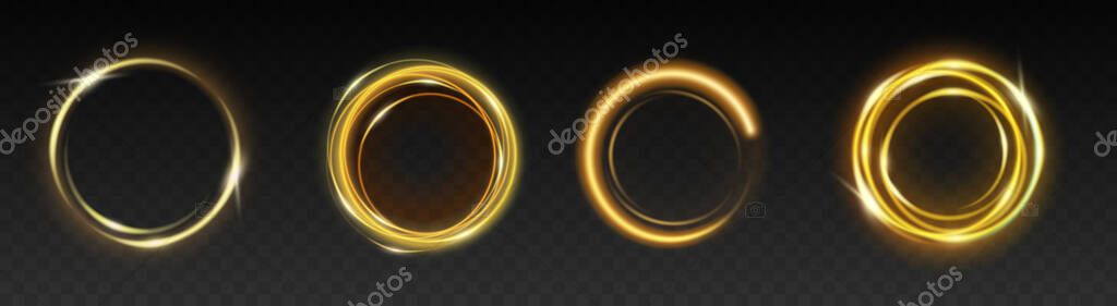 Golden shining circle text frame glittering. Glowing round border on transparent background. Shiny ring, circular geometric shape with sparkling effect design element. Vector illustration