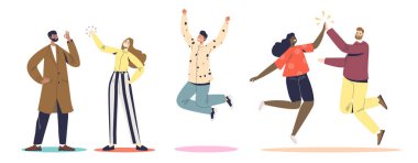 Bir grup insan mutlu bir şekilde tezahürat yapıyor, zıplıyor, işaret veriyor ve başparmağını kaldırıyor.