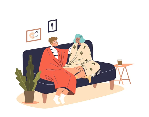 Νεαρό ζευγάρι κάθεται στον καναπέ καλυμμένο με ζεστές κουβέρτες σε εσωτερικούς χώρους. Άντρας και γυναίκα παγώνουν στο σπίτι — Διανυσματικό Αρχείο