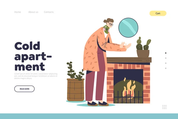 Koud appartement concept van landing page met ijskoude vrouw verwarmende handen bij open haard thuis — Stockvector