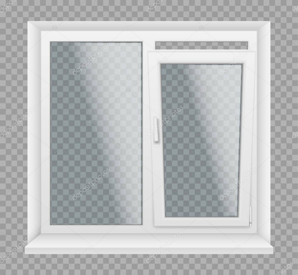 Window with white plastic frame, sills and glass panels, architecture and interior design element